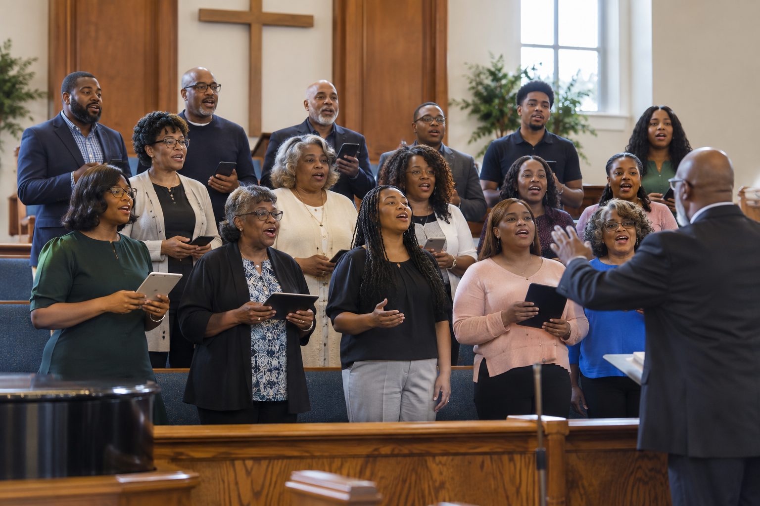 A church choir bringing individually learned parts together at rehearsal