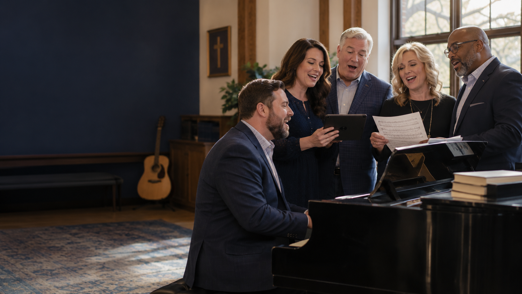 A small gospel group practicing together around a piano