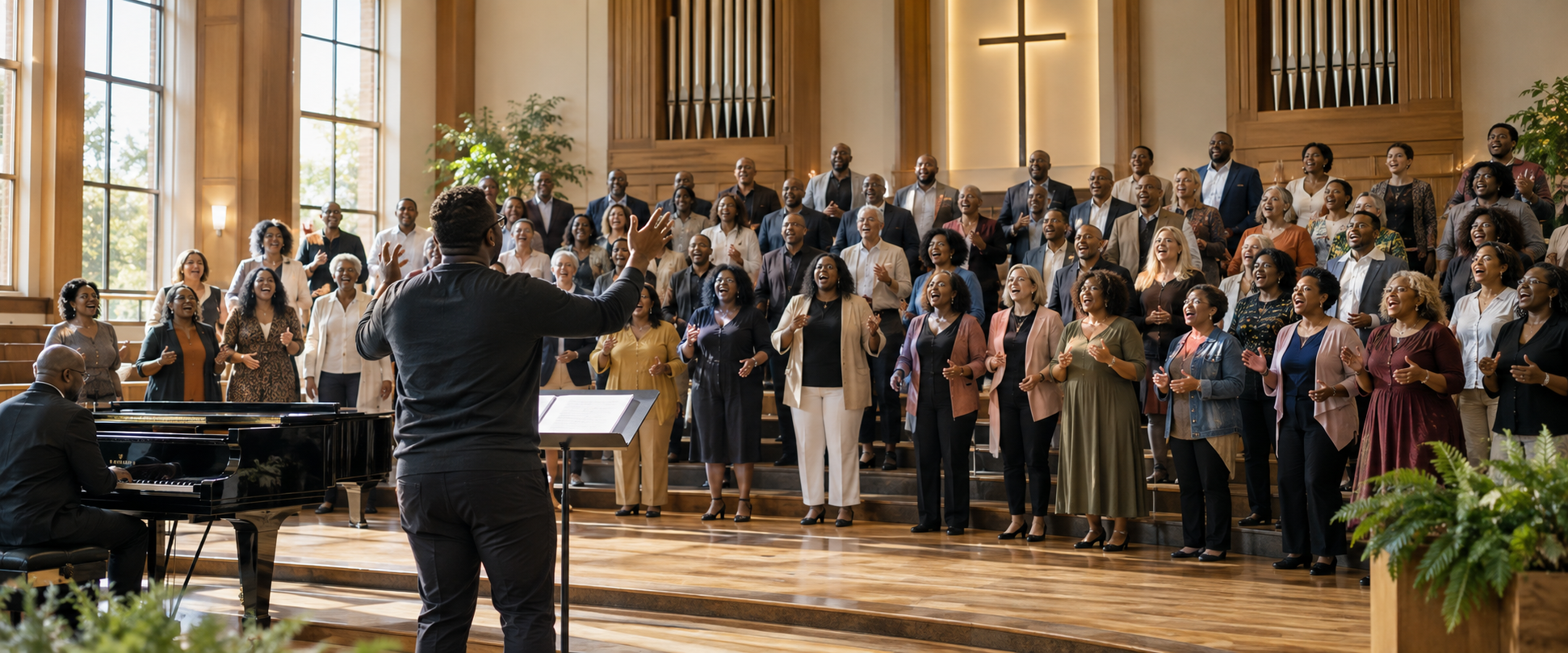 A large multigenerational church choir rehearsing together