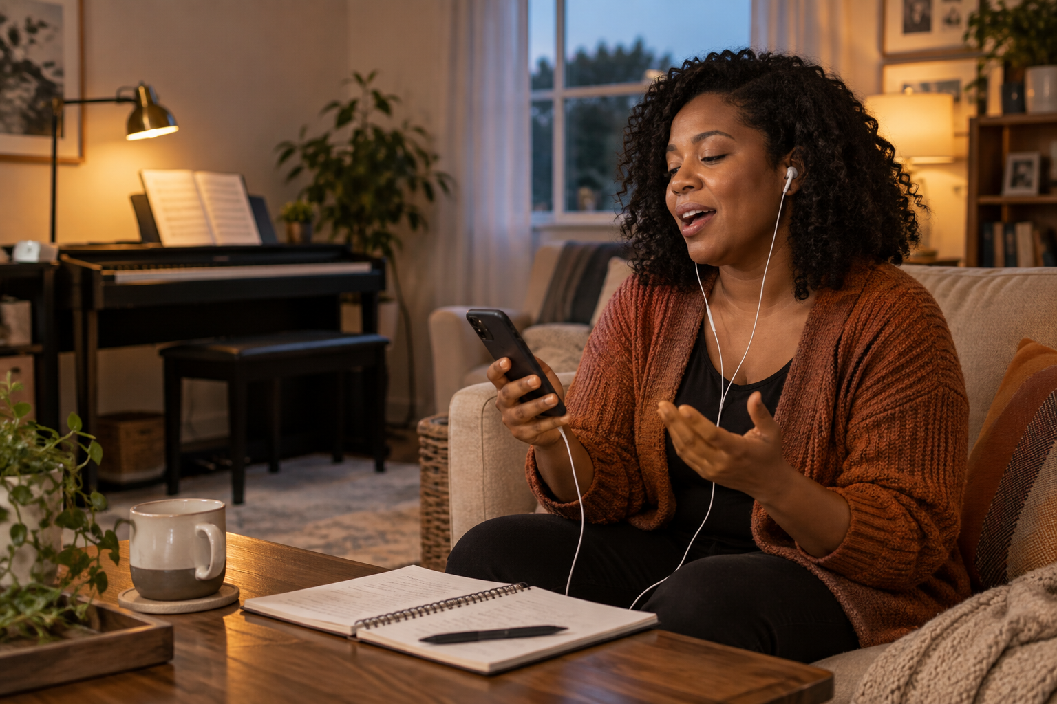 A choir member practicing her part at home between rehearsals